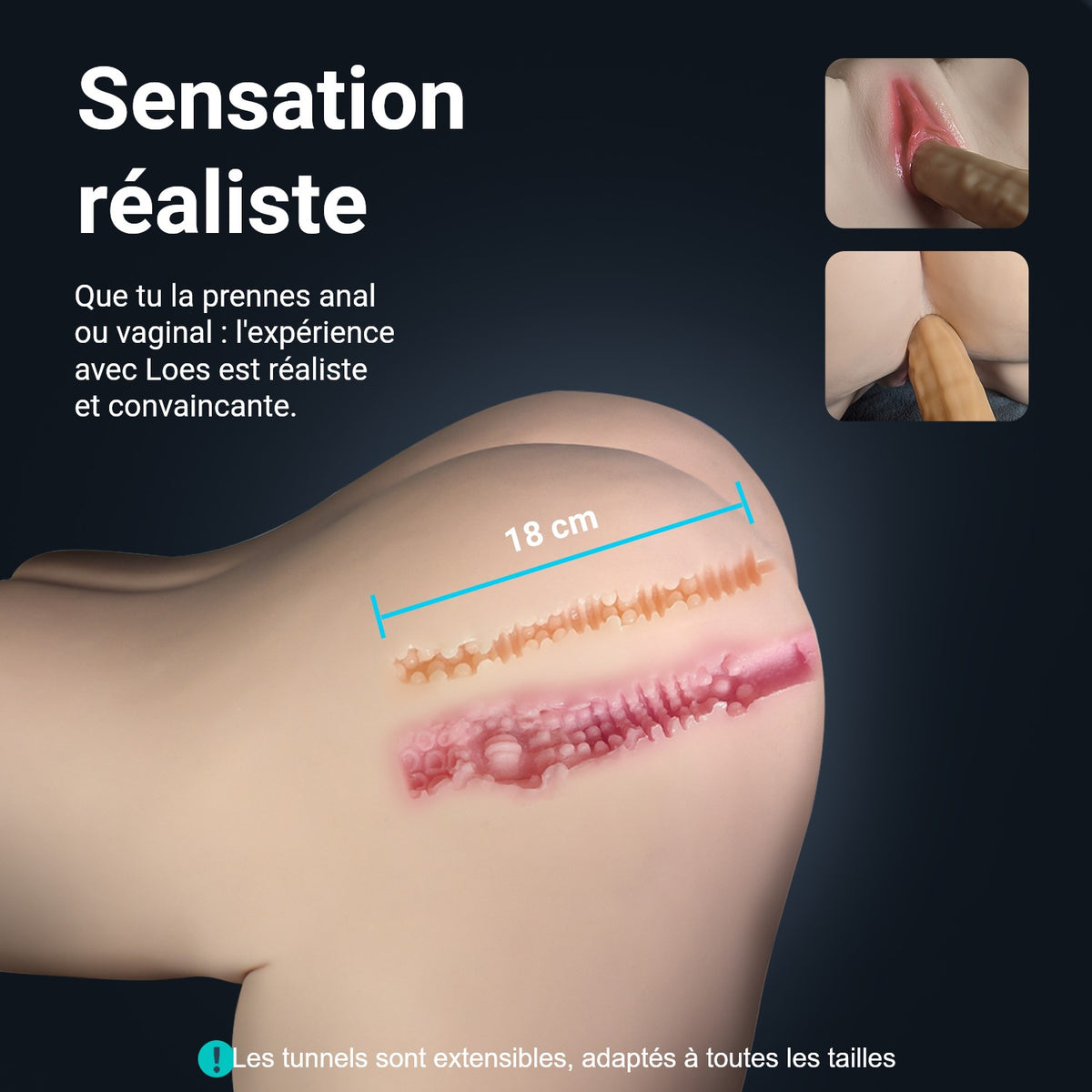 Infographic Loes : sensation réaliste, tunnel vaginal et anal extensible de 18 cm