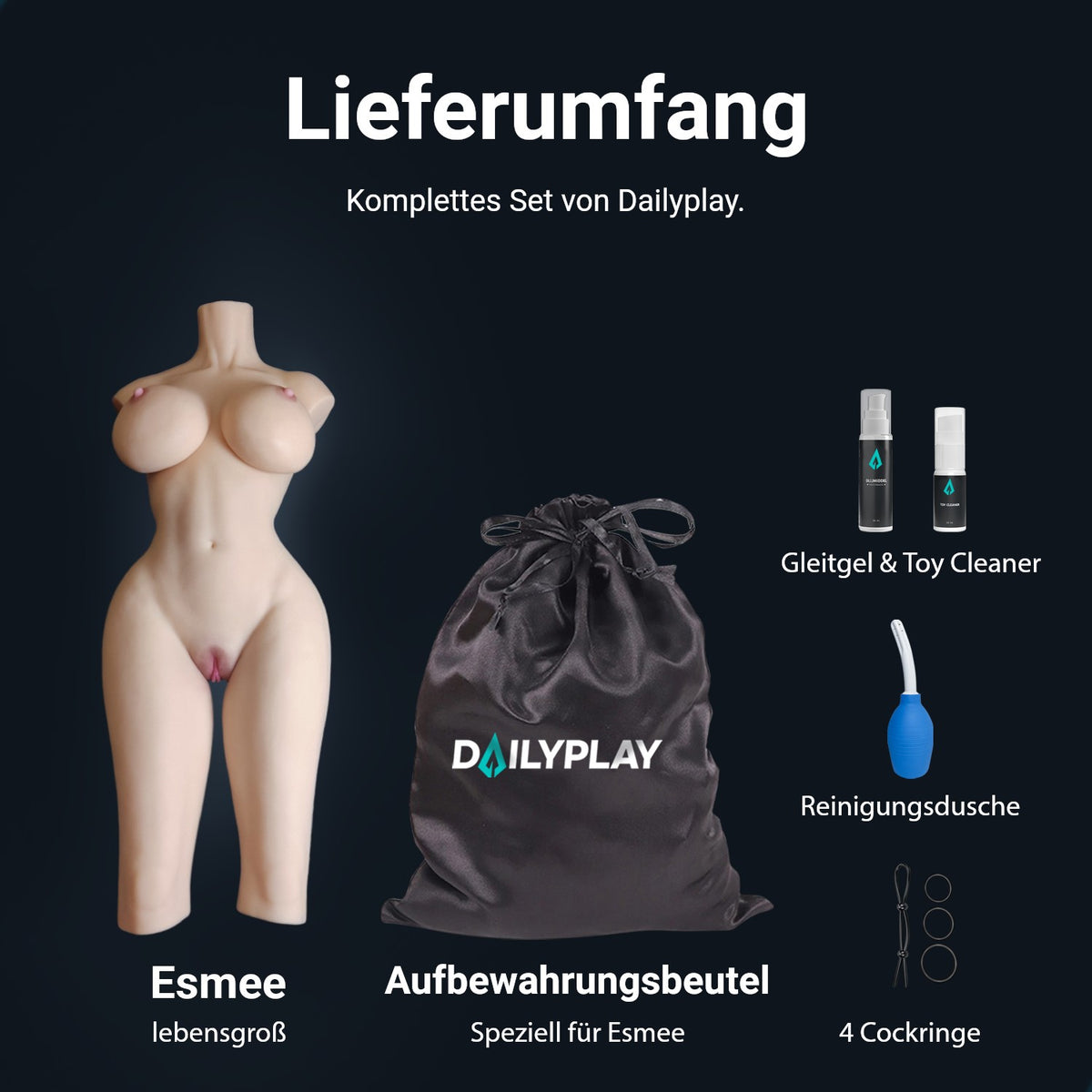 Lieferumfang Sexpuppe Esmee: Torso, Aufbewahrungsbeutel, Gleitgel, Toy Cleaner, Reinigungsdusche und 4 Penisringe