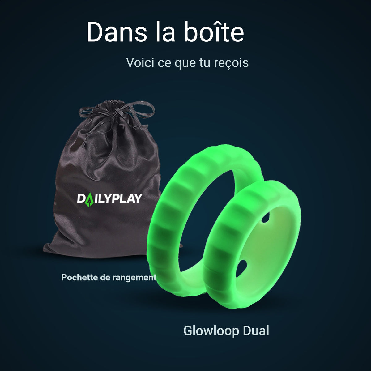 Contenu du colis : cockring Glowloop Dual et pochette de rangement
