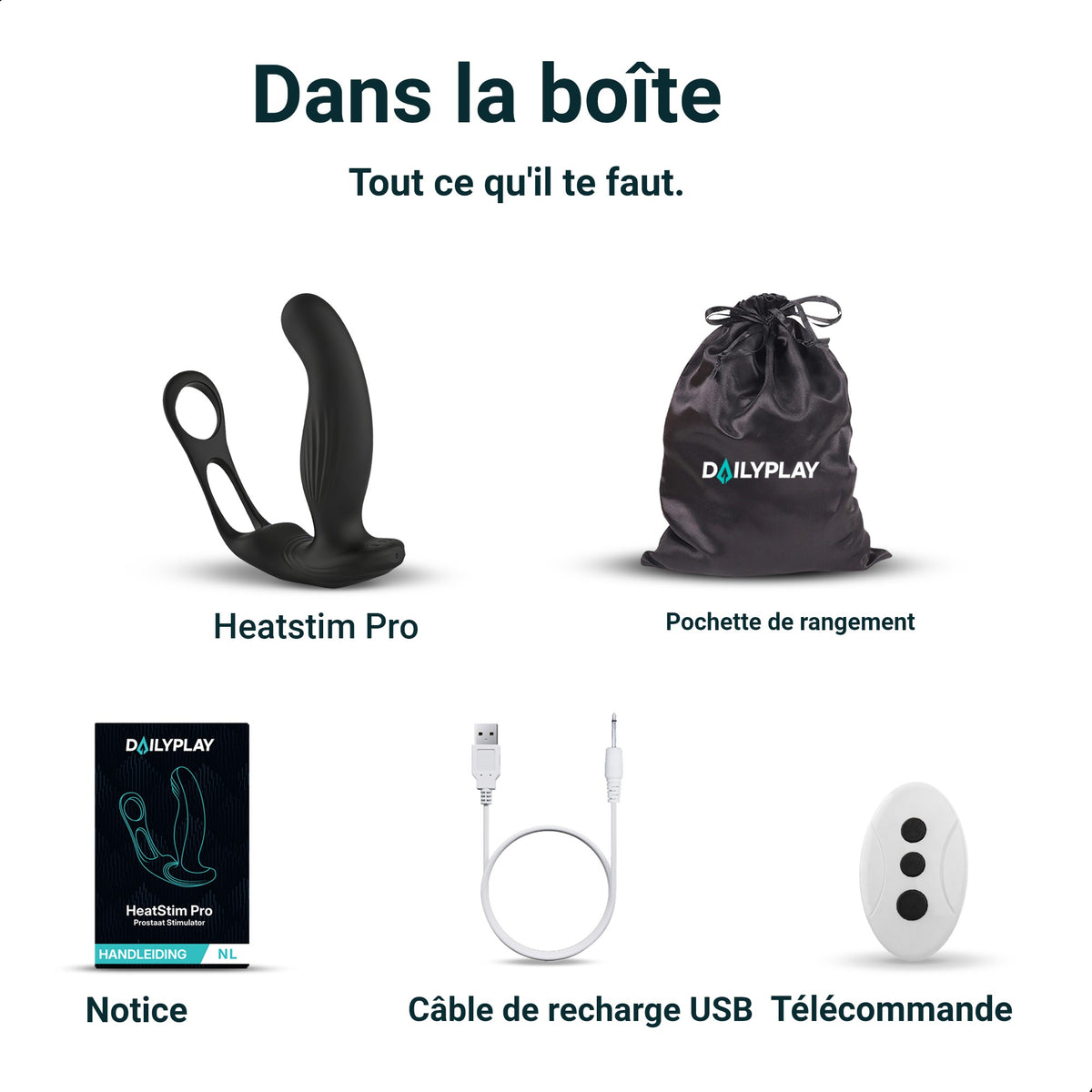 Contenu du colis : Heatstim Pro, pochette de rangement, mode d'emploi, câble de recharge USB et télécommande