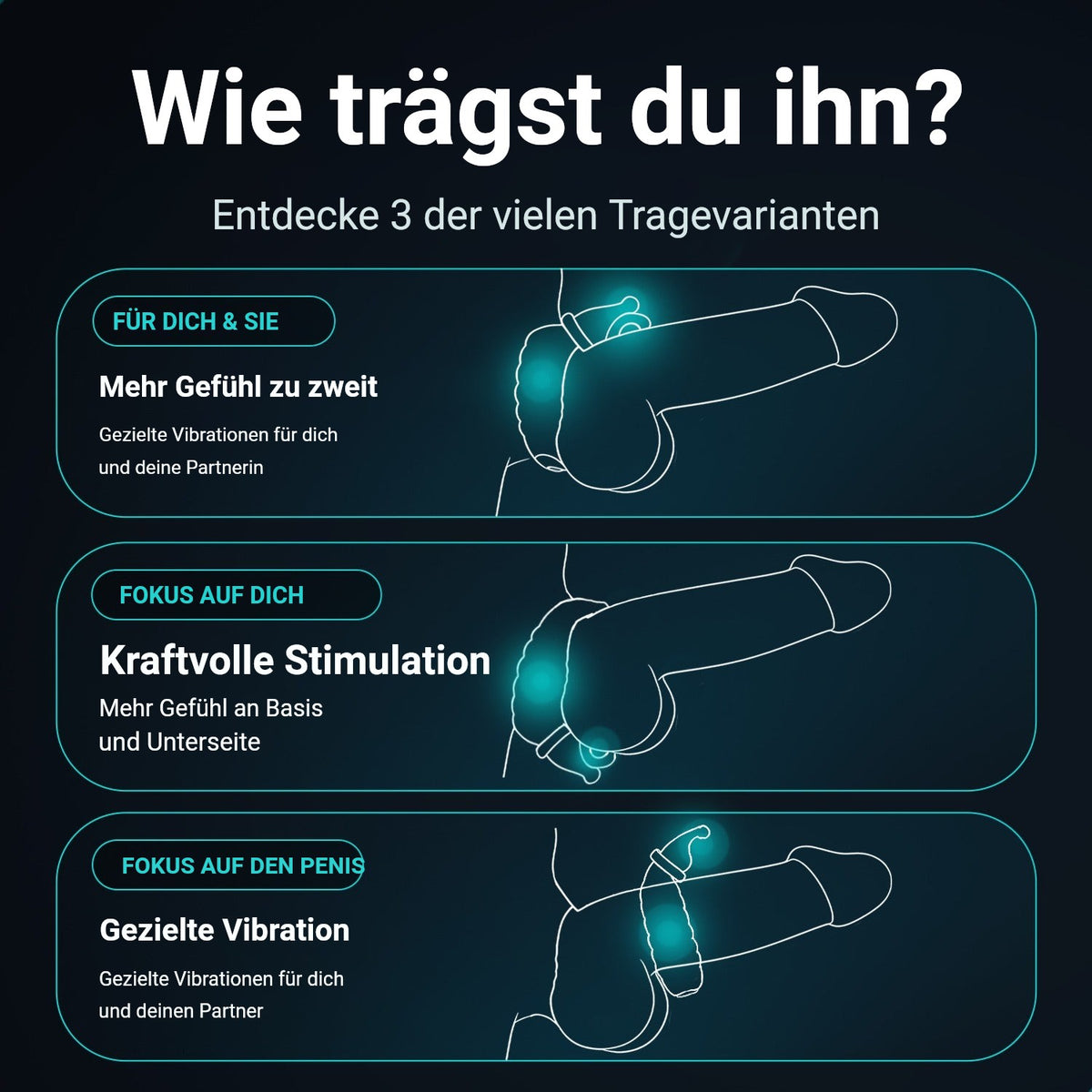 Ultrapulse Penisring: drei Tragepositionen für gezielte Vibrationen