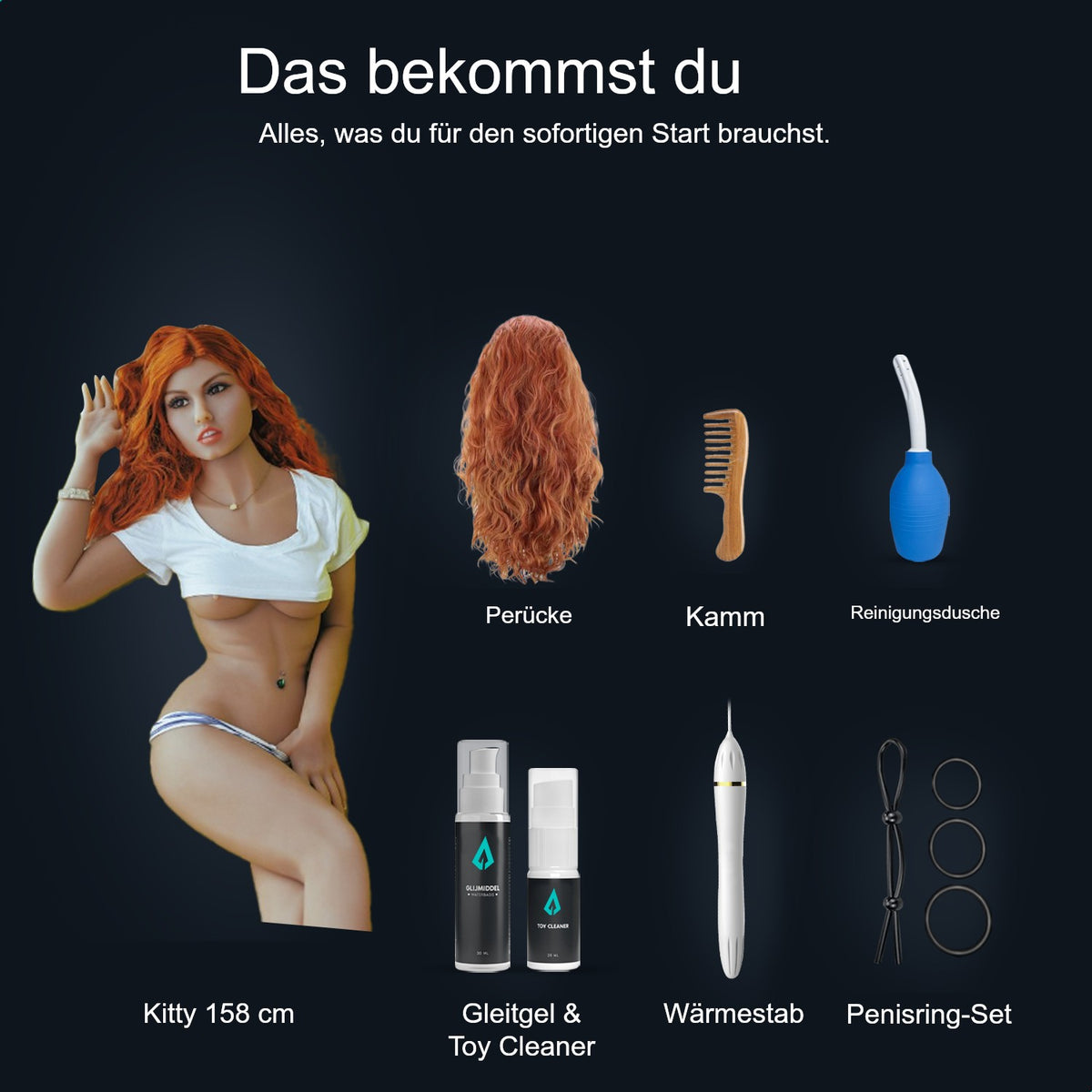 Lieferumfang Sexpuppe Kitty 158 cm: Puppe, Perücke, Kamm, Reinigungsdusche, Gleitgel, Toy Cleaner, Wärmestab und Penisring-Set