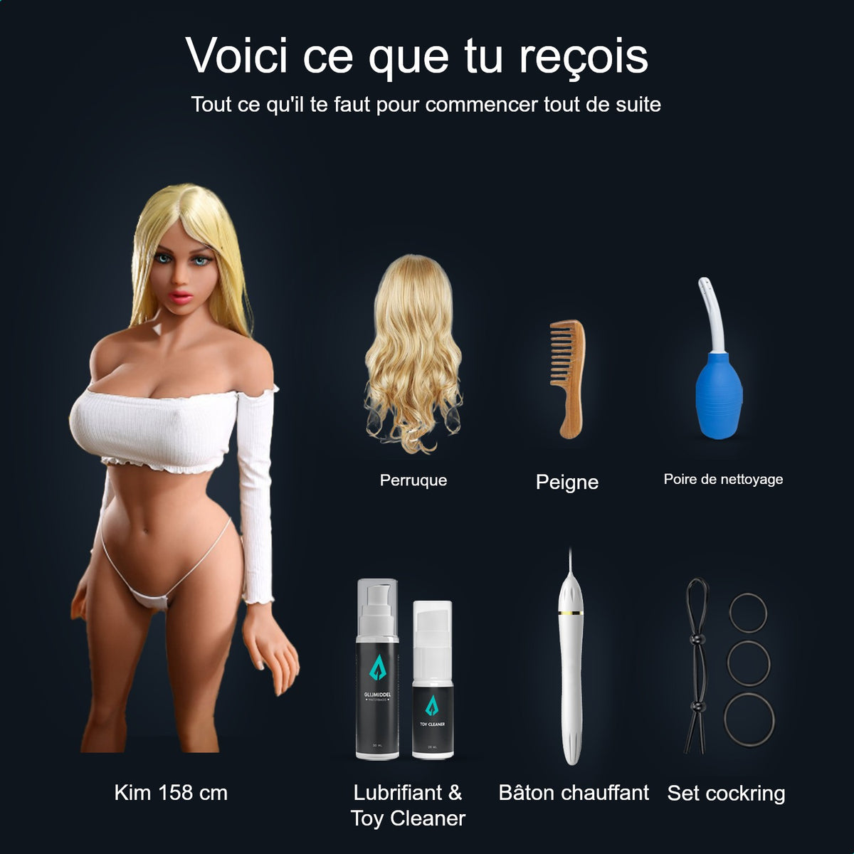 Contenu du colis poupée sexuelle Kim 158 cm : poupée, perruque, peigne, poire de nettoyage, lubrifiant, Toy Cleaner, bâton chauffant et cockring