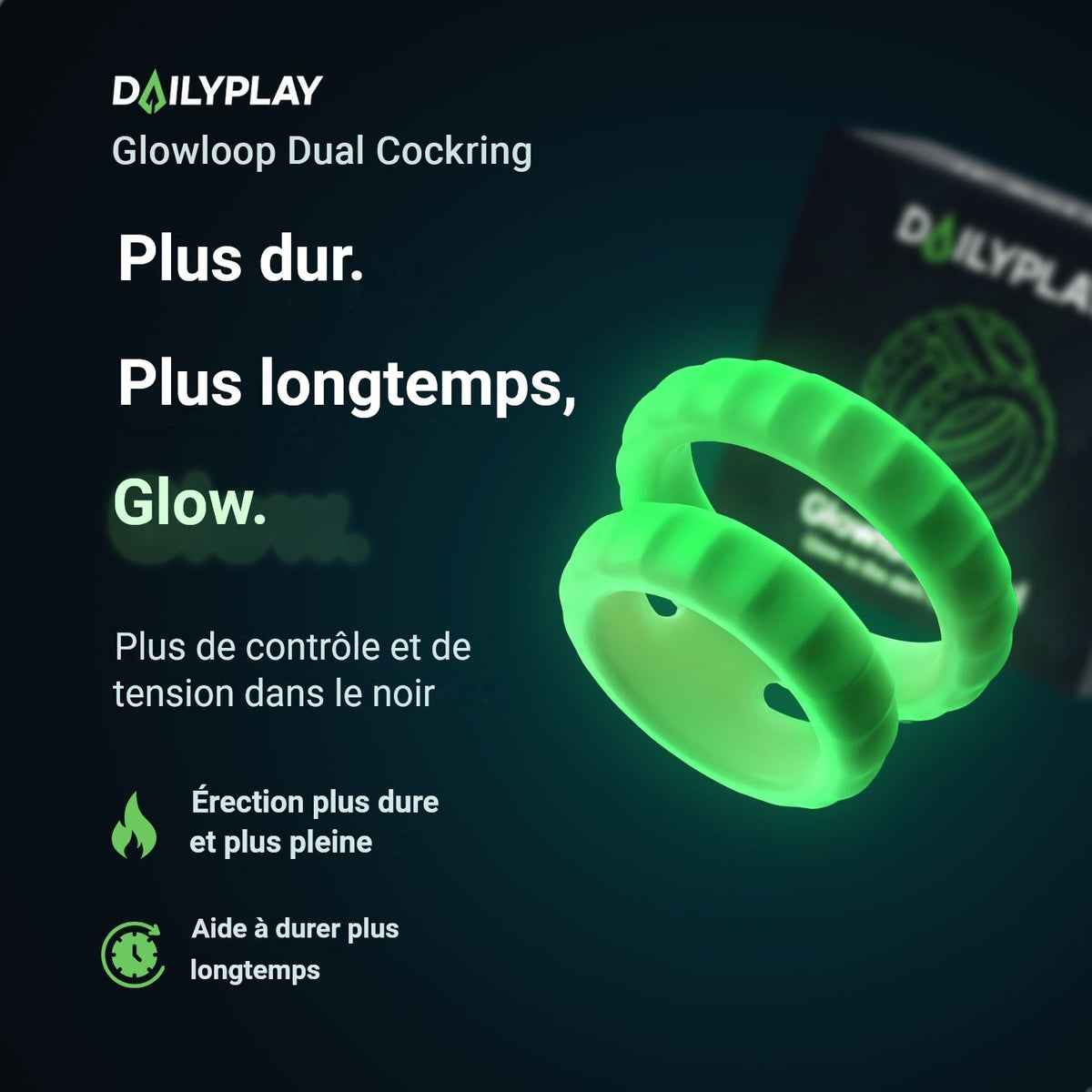 Cockring Glowloop Dual : plus de dureté, plus d'endurance et effet glow, plus de contrôle et de tension dans le noir