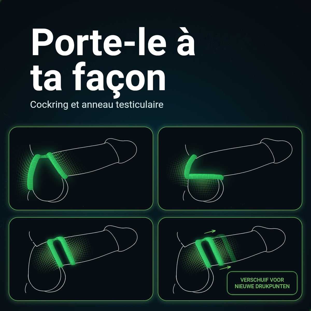 La cockring Glowloop Dual se porte comme cockring et comme anneau testiculaire