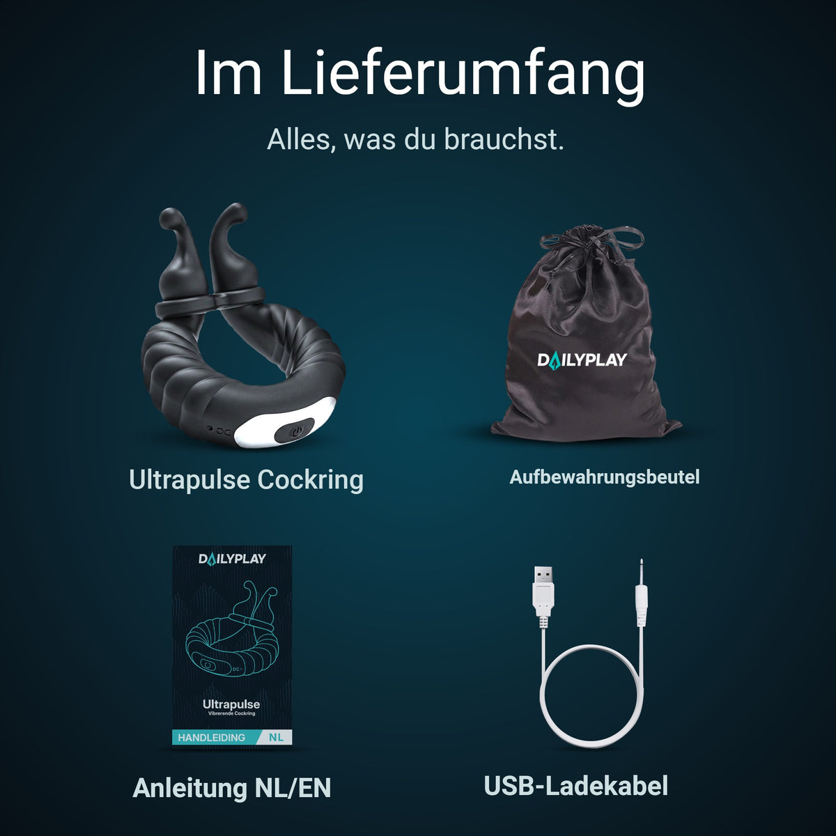 Lieferumfang: Ultrapulse Penisring, Aufbewahrungsbeutel, Anleitung und USB-Ladekabel