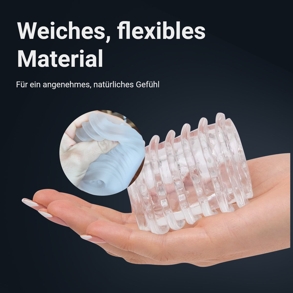 Pocket Shot Masturbator-Sleeve aus weichem, flexiblem Material, auf einer Hand liegend